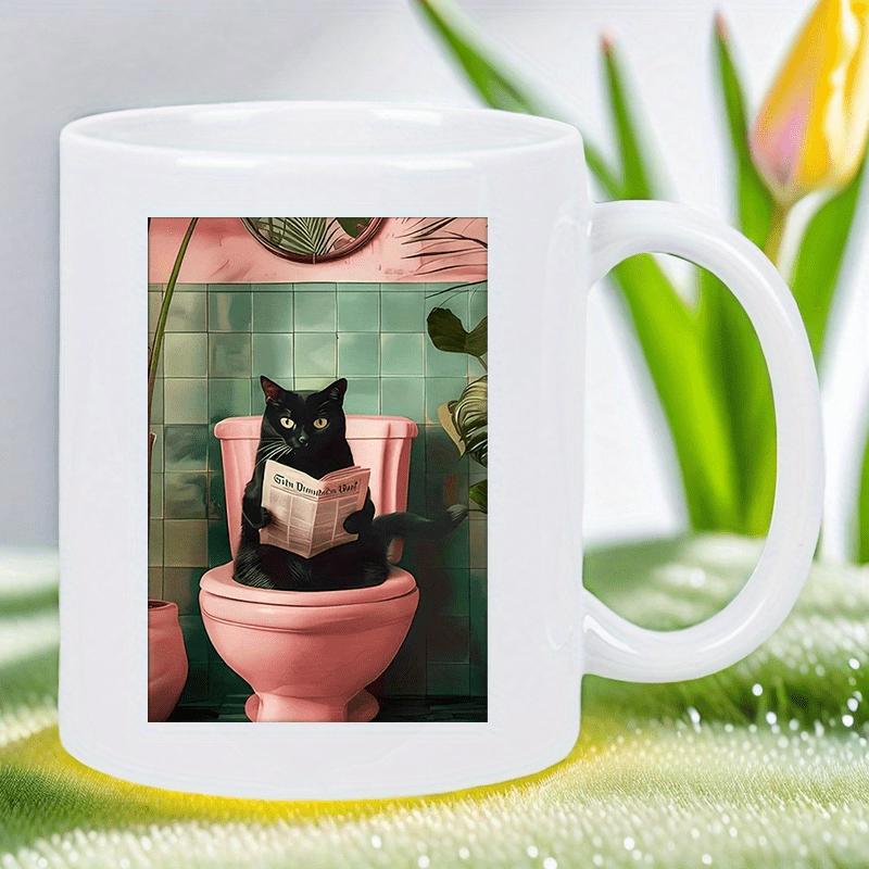 Tailorly White Ceramic 11 oz Mug - Whimsical Black Cat Reading Newspaper While Sitting On A Pink Ceramic Toilet Cat