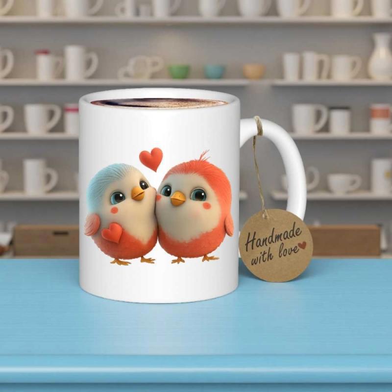 Tailorly White Ceramic 11 oz Mug - Handmade With Love Adorable Little Fluffy Birds Cuddling Together With Red Heart Bird
