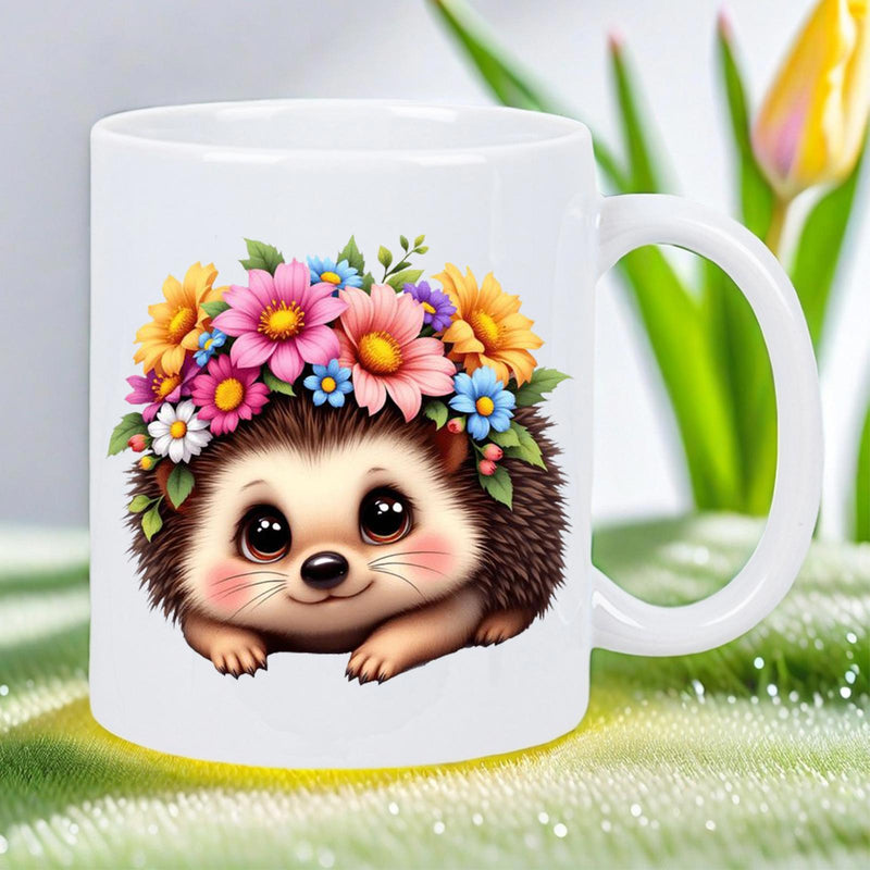 Tailorly White Ceramic 11 oz Mug - Cute Smiling Forest Animal Wearing Beautiful Blooming Colorful Spring Flower Wreath Hedgehog