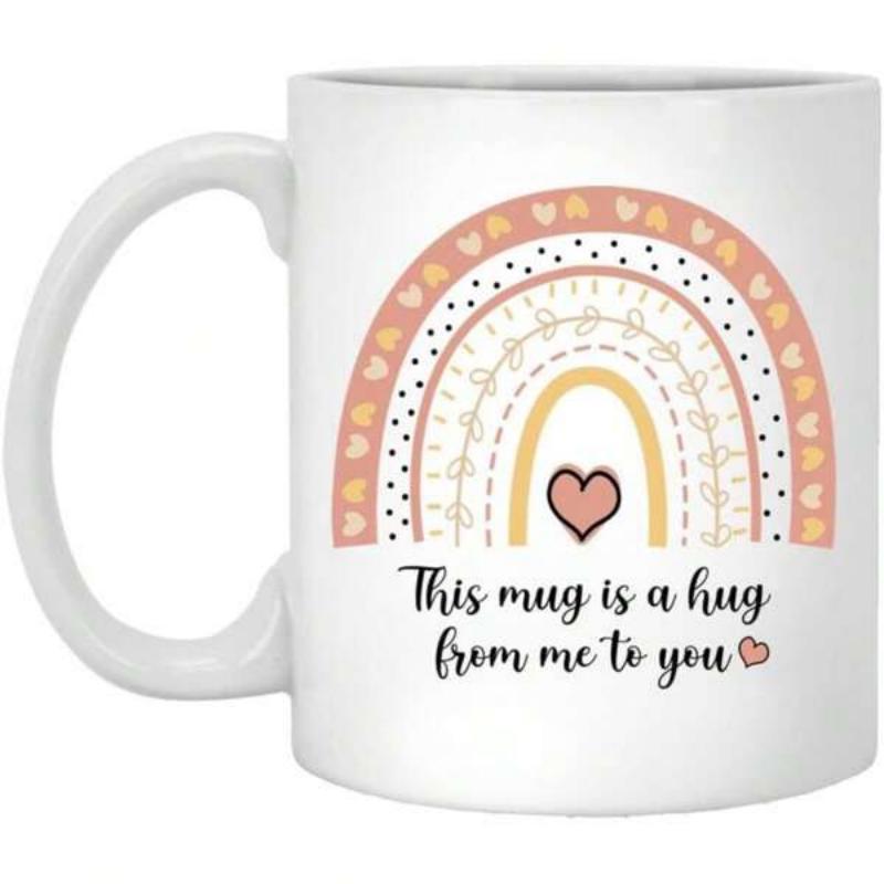 Tailorly White Ceramic 11 oz Mug - This Mug Is A Hug From Me To You Soft Earthy Tones Bohemian Pattern Decorated With Hearts And Vines Rainbow