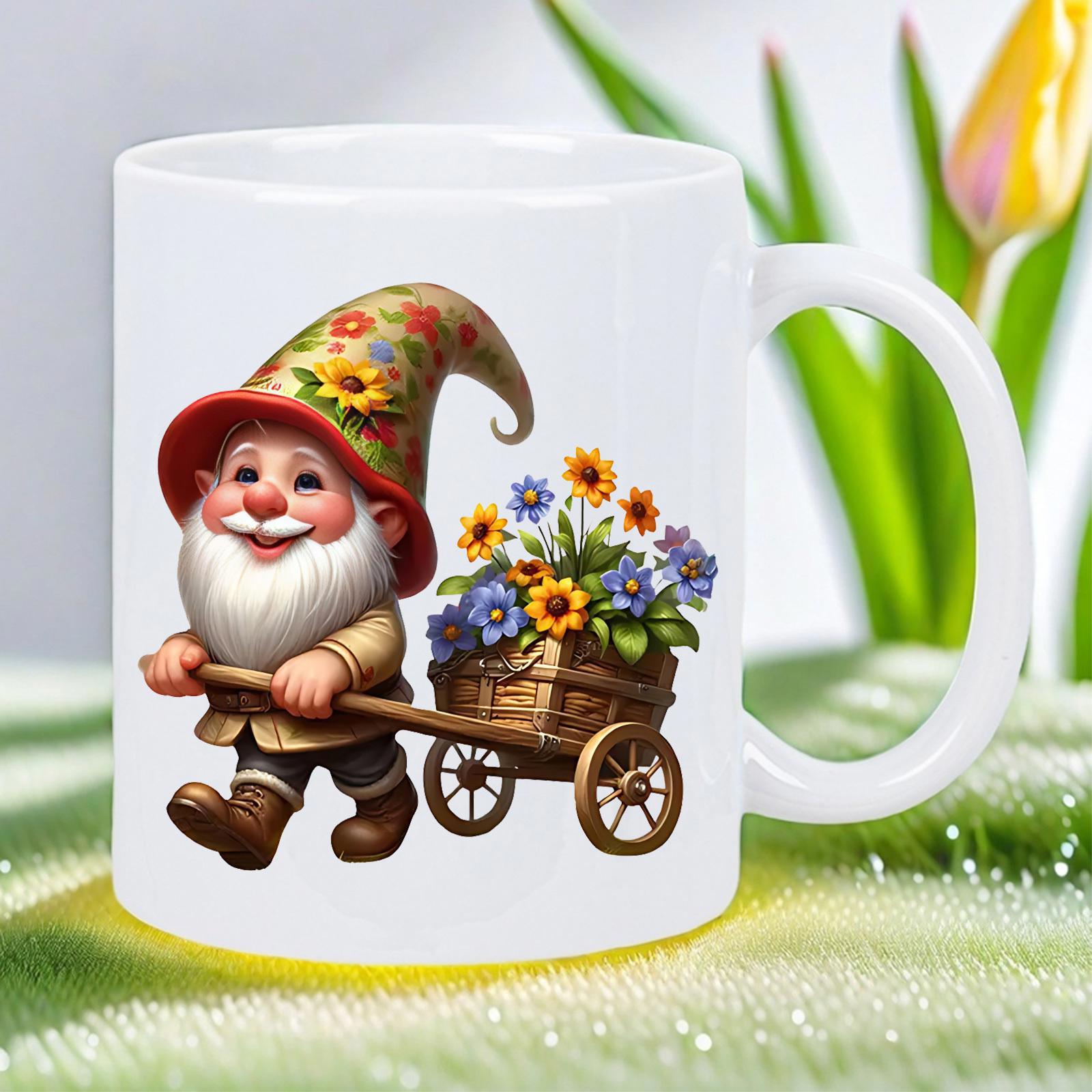 Tailorly White Ceramic 11 oz Mug - Charming Garden Scene With Colorful Flowers Inside A Wooden Cart Gnome