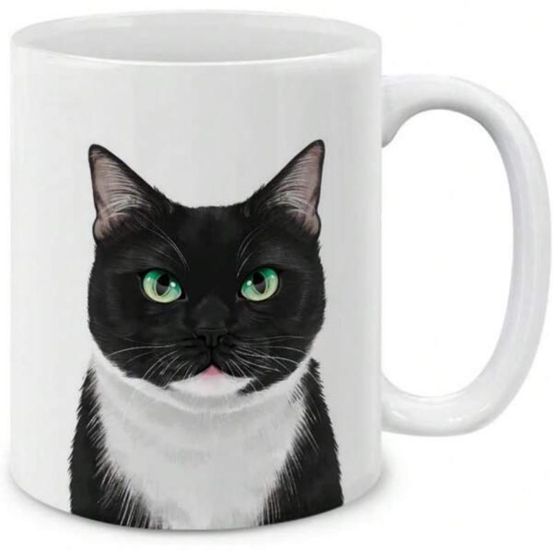 Tailorly White Ceramic 11 oz Mug - Realistic Tuxedo Head With Piercing Green Eyes And Soft Fur Textures Cat