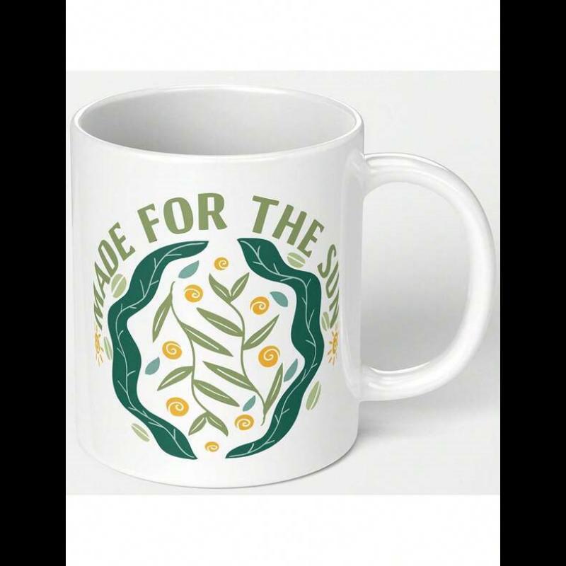 Tailorly White Ceramic 11 oz Mug - Made For The Sun Lush Green Leaves Forming A Natural Circle With Golden Budding Flowers Foliage