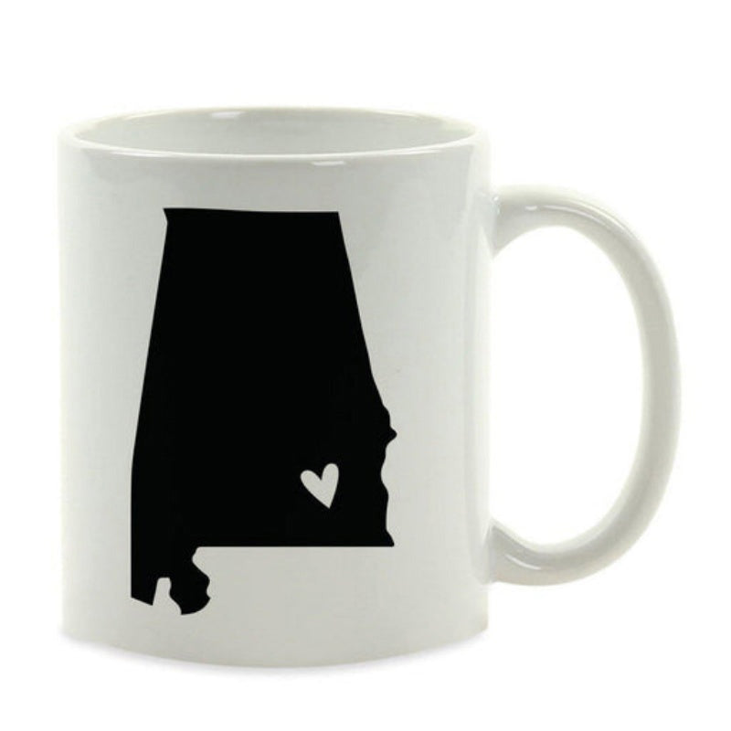 Tailorly White Ceramic 11 oz Mug - Minimalist Solid Black State Shape With Small White Heart Detail Alabama