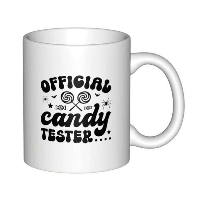 Tailorly White Ceramic 11 oz Mug - Official Candy Tester Playful Retro Style With Crossed Lollipops And Spooky Halloween Elements Decorative Candy