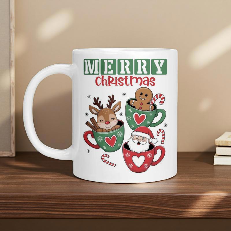 Tailorly White Ceramic 11 oz Mug - Merry Christmas Festive Characters Sitting In Heart Decorated Cups With Candy Canes Illustration