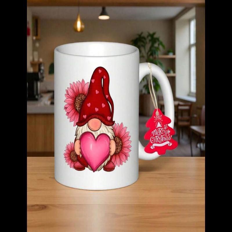 Tailorly White Ceramic 11 oz Mug - Adorable Valentine Gnome Holding A Large Pink Heart Among Blooming Flowers Gnome