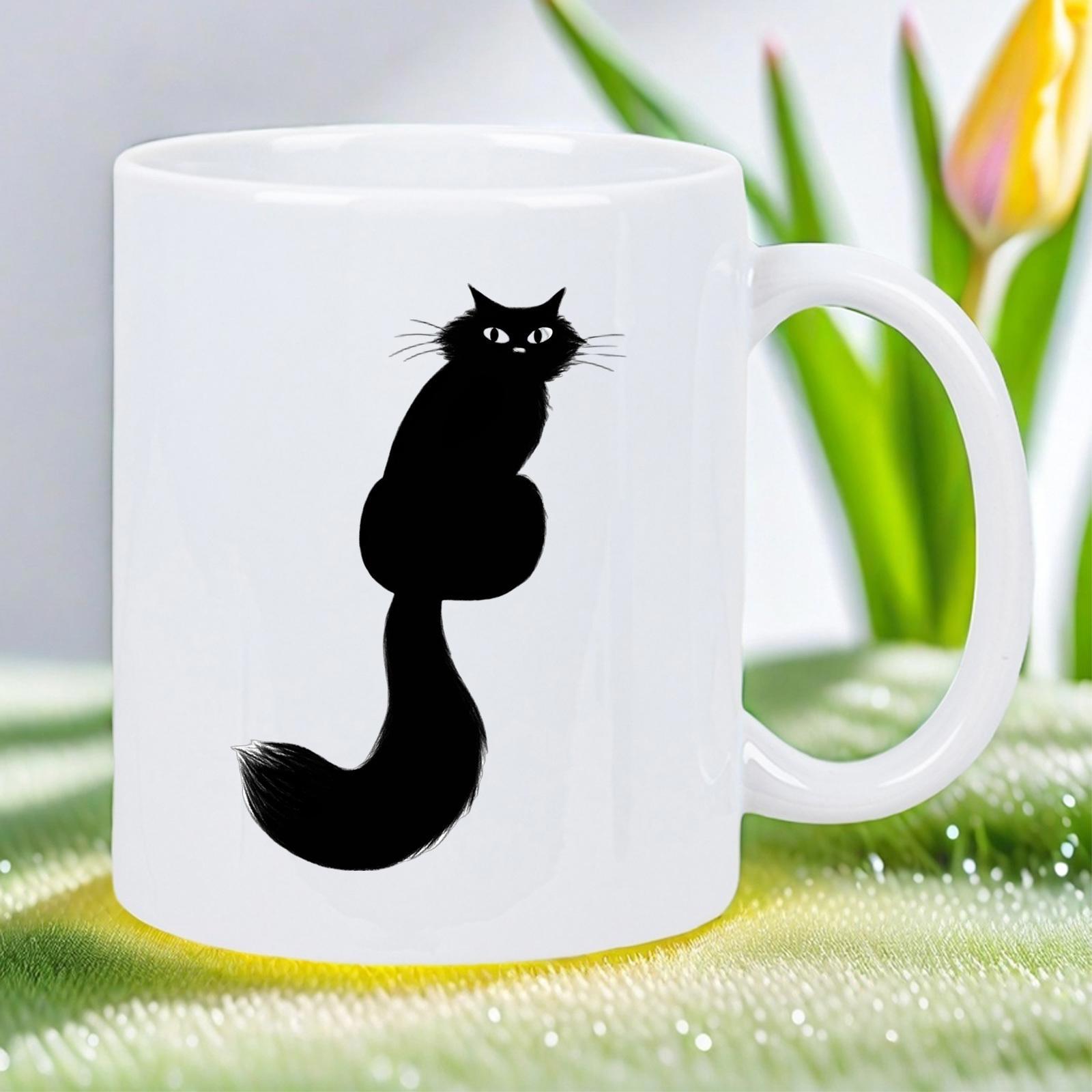 Tailorly White Ceramic 11 oz Mug - Minimalist Black Silhouette Of A Playful Feline With Long Fluffy Tail Cat