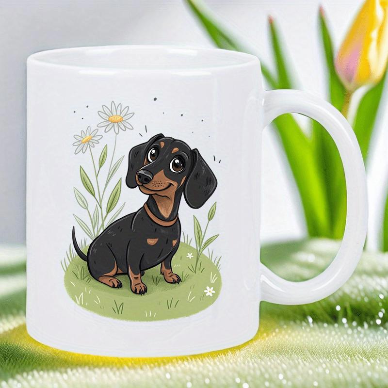 Tailorly White Ceramic 11 oz Mug - Cute Black And Tan Dog Sitting On Grass With White Daisies Dachshund