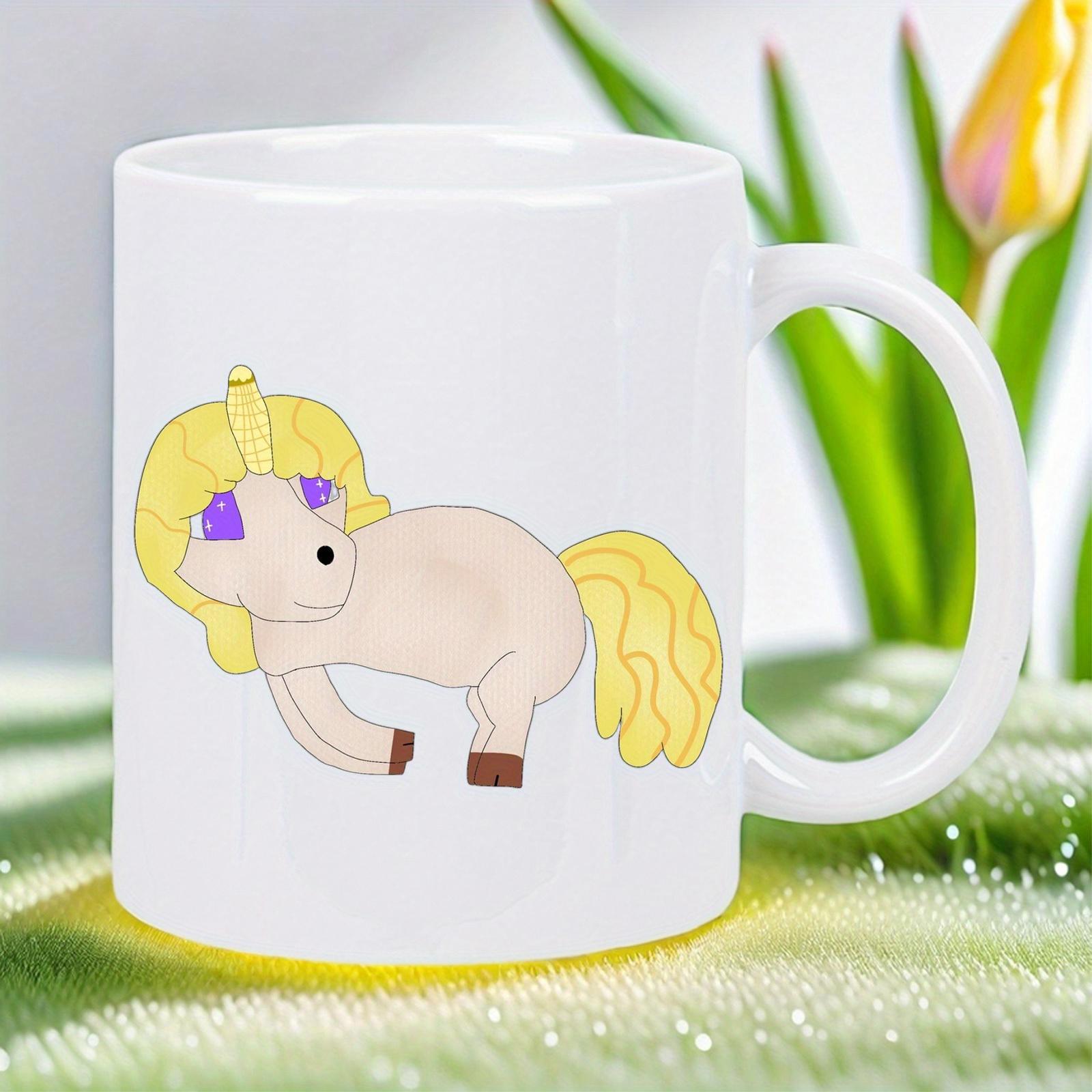 Tailorly White Ceramic 11 oz Mug - Adorable Hand Drawn Cartoon Pony With Golden Mane And Tail Unicorn