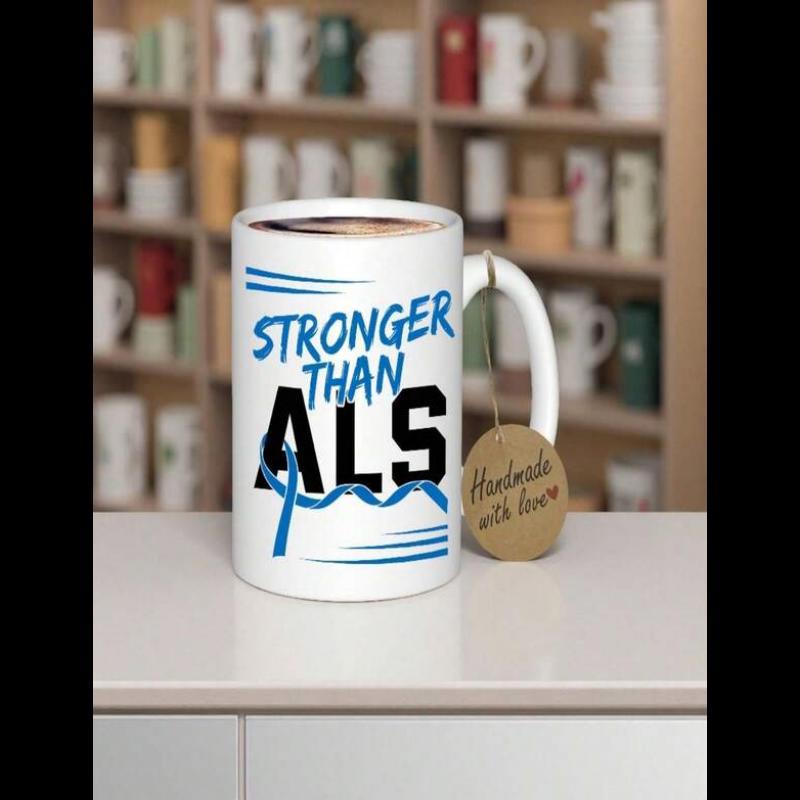 Tailorly White Ceramic 11 oz Mug - Stronger Than ALS Blue Awareness Ribbon Woven Through Bold Lettering Supporting A Cause Ribbon