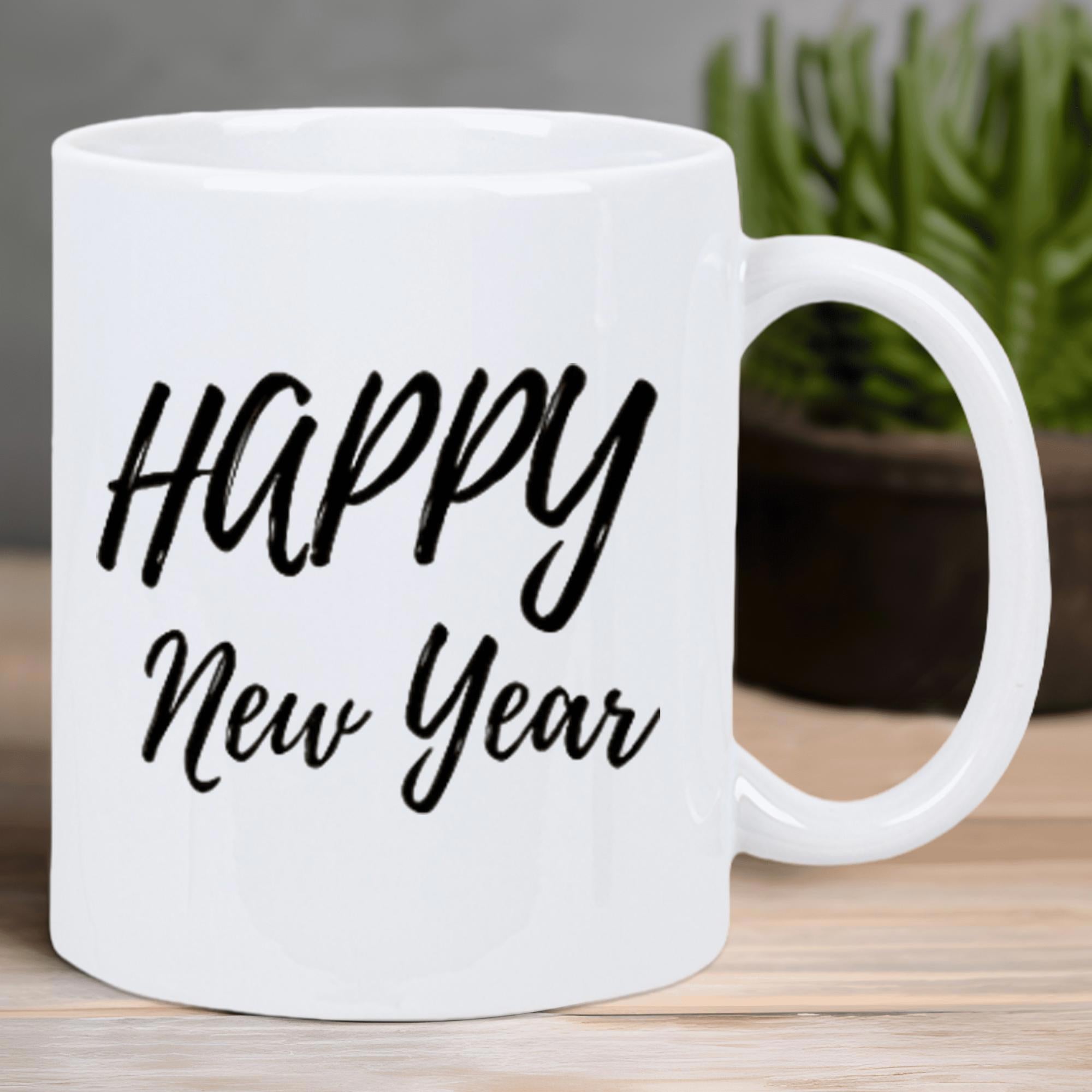 Tailorly White Ceramic 11 oz Mug - Happy New Year Minimalist Featuring Bold Black Brush Strokes Mug