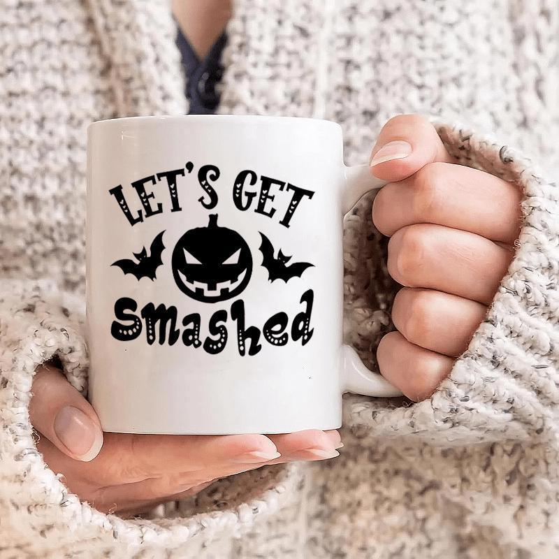 Tailorly White Ceramic 11 oz Mug - Lets Get Smashed Spooky Halloween Night With Bats Flying Around Grinning Carved Pumpkin