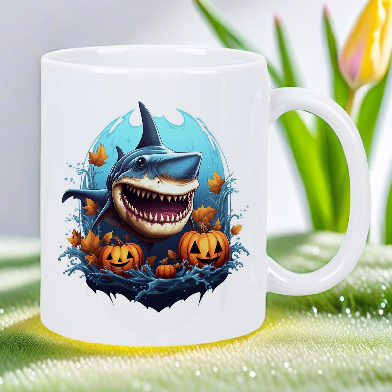 Tailorly White Ceramic 11 oz Mug - Fierce Smiling Great White Shark Swimming Among Spooky Halloween Jack O Lanterns Shark
