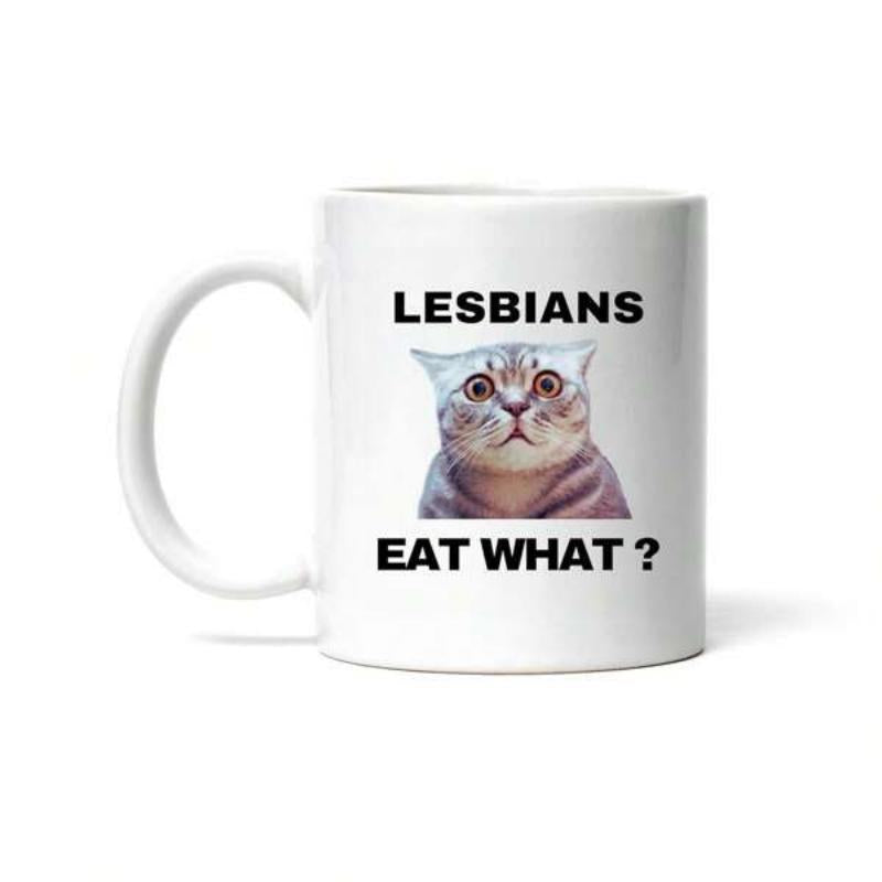 Tailorly White Ceramic 11 oz Mug - Lesbians Eat What Funny Surprised Cat With Wide Eyes And Curious Expression Cat