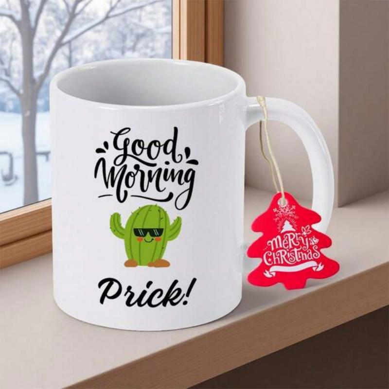 Tailorly White Ceramic 11 oz Mug - Good Morning Prick Small Green Cartoon Cactus Wearing Sunglasses Standing With Tiny Arms Raised Cactus