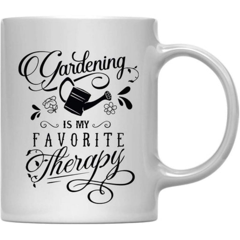 Tailorly White Ceramic 11 oz Mug - Gardening Is My Favorite Therapy Classic Watering Can Surrounded By Decorative Swirls And Small Flowers Watering Can