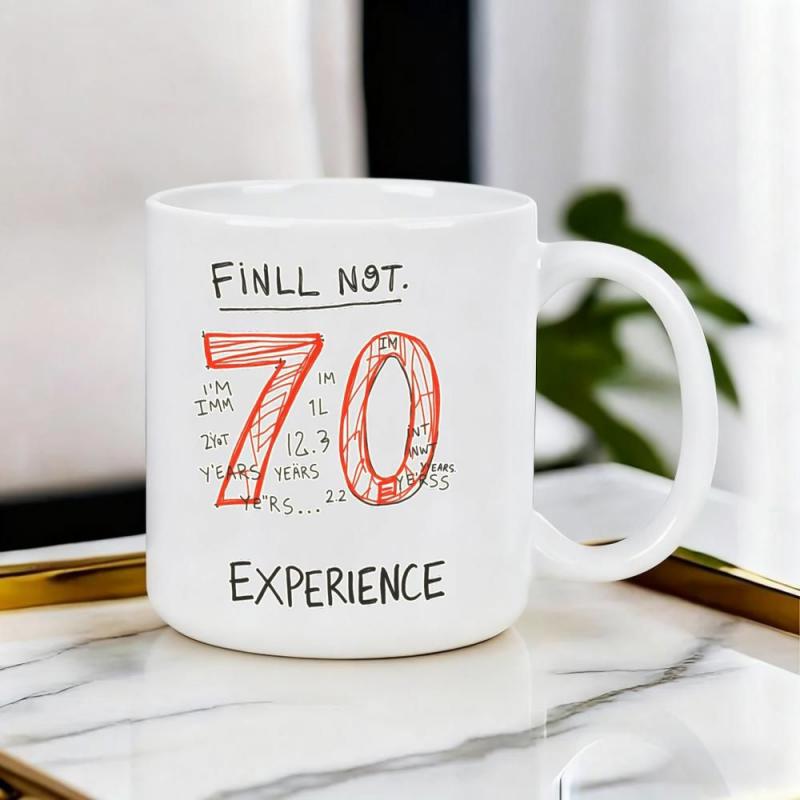 Tailorly White Ceramic 11 oz Mug - Finally Not 70 Experience Simple With Hand Drawn Orange Sketched Numbers Mug