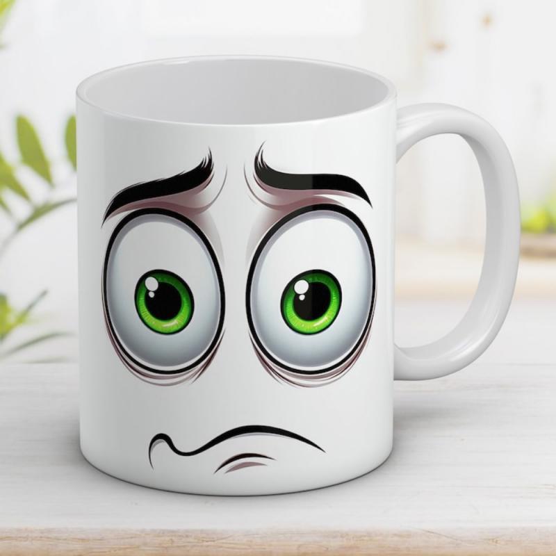 Tailorly White Ceramic 11 oz Mug - Expressive Cartoon Drawing With Large Green Anxious Eyes And Worried Eyebrows Face