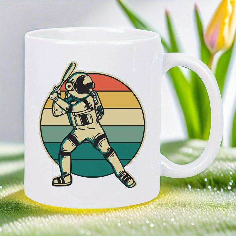 Tailorly White Ceramic 11 oz Mug - Retro Style Vintage Sunset Behind A Courageous Space Traveler Swinging Bat Astronaut