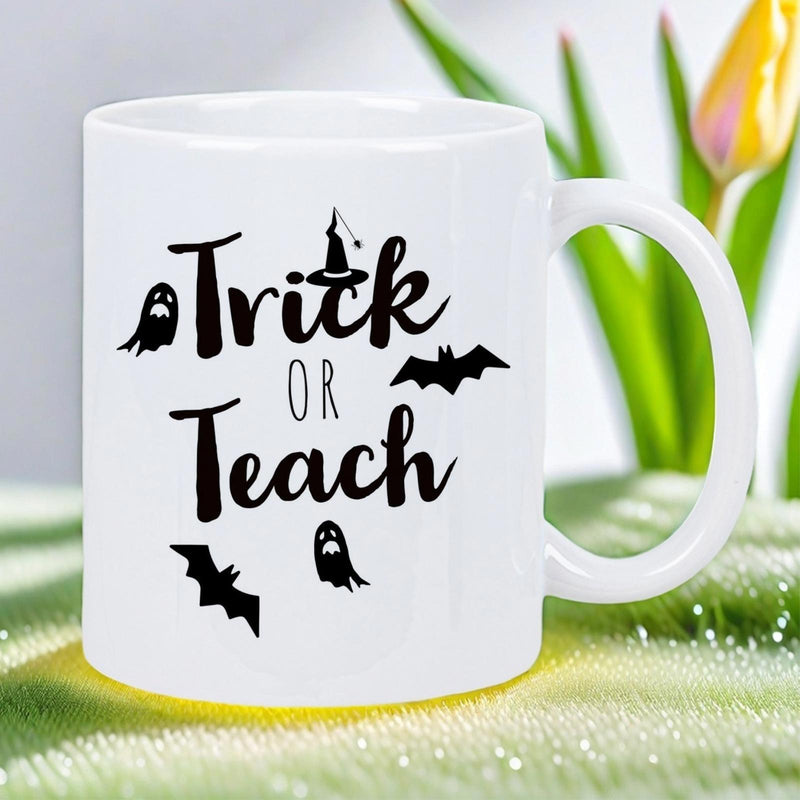 Tailorly White Ceramic 11 oz Mug - Trick Or Teach Spooky Halloween Elements With Flying Bats And Floating Friendly Ghost
