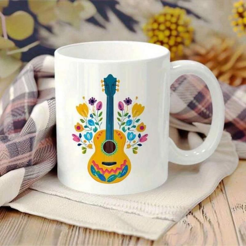 Tailorly White Ceramic 11 oz Mug - Vibrant Mexican Folk Art Style Surrounded By Colorful Blooming Flowers Guitar
