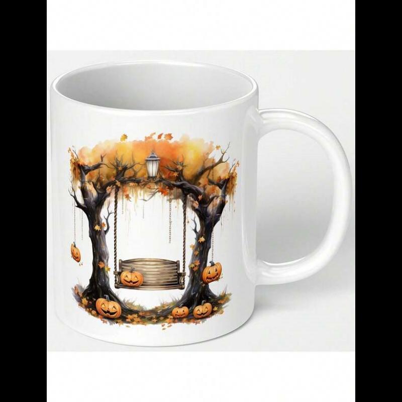 Tailorly White Ceramic 11 oz Mug - Rustic Autumn Trees With A Wooden Swing And Scattered Pumpkins Swing