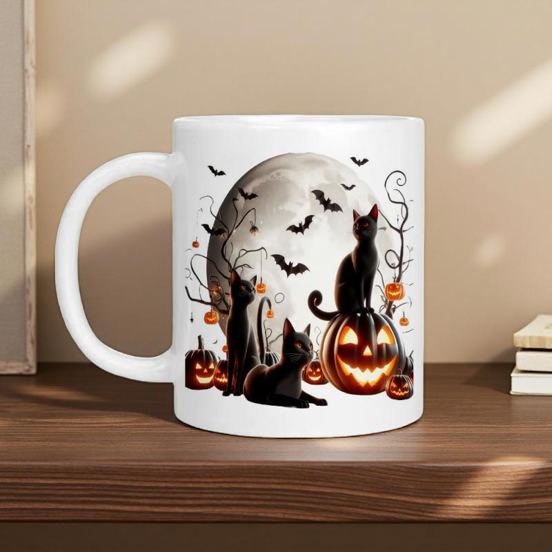 Tailorly White Ceramic 11 oz Mug - Halloween Night With Glowing Pumpkins And Flying Bats Near Black Cat