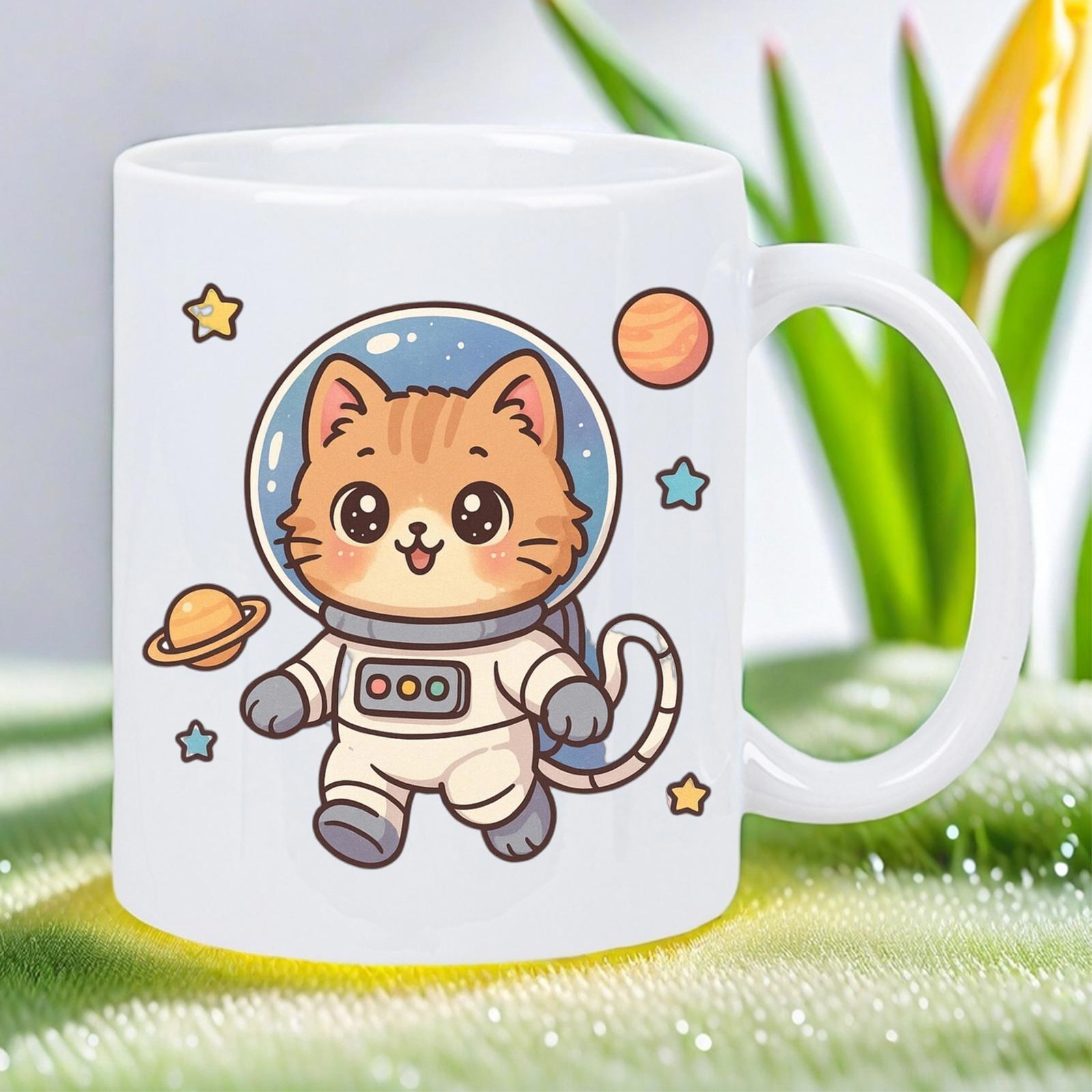 Tailorly White Ceramic 11 oz Mug - Adorable Ginger Kitty In Spacesuit Floating Among Planets And Glowing Stars Cat