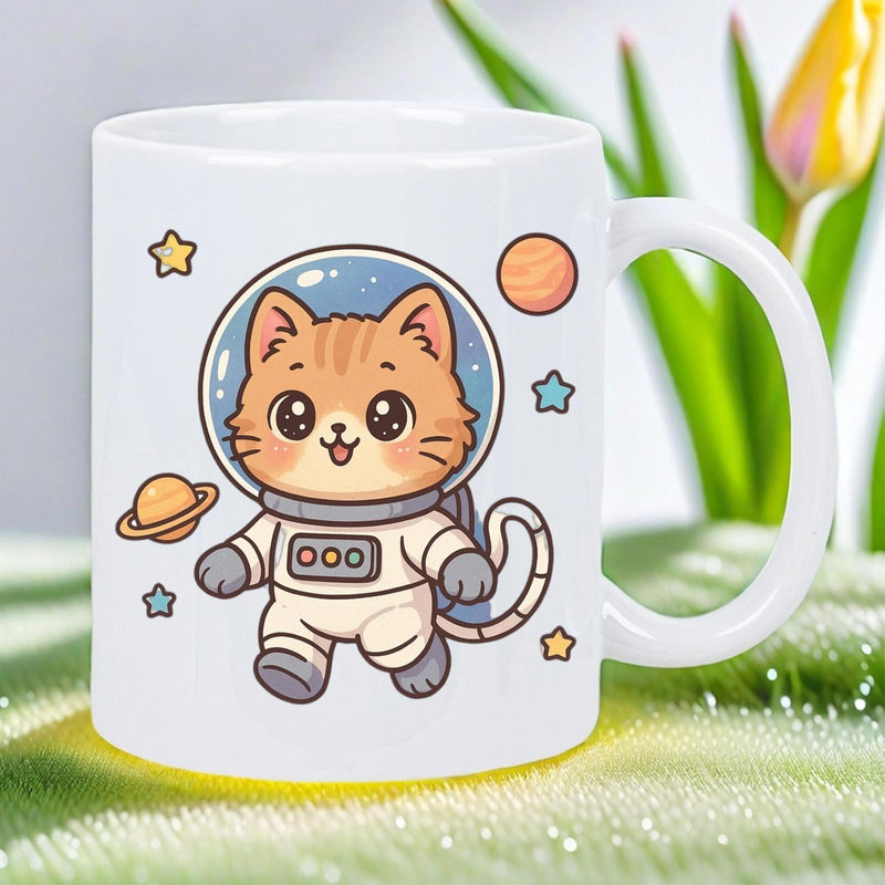 Tailorly White Ceramic 11 oz Mug - Adorable Ginger Kitty In Spacesuit Floating Among Planets And Glowing Stars Cat