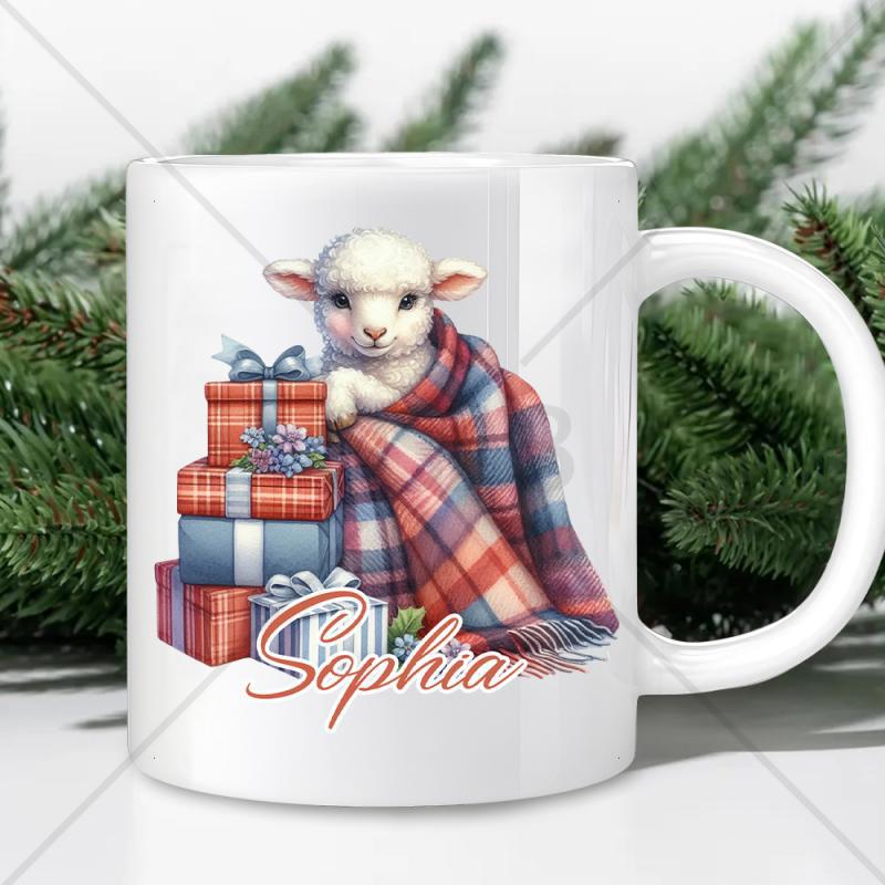 Tailorly White Ceramic 11 oz Mug - Sophia Gentle White Lamb Wrapped In Cozy Plaid Blanket With Gifts Lamb
