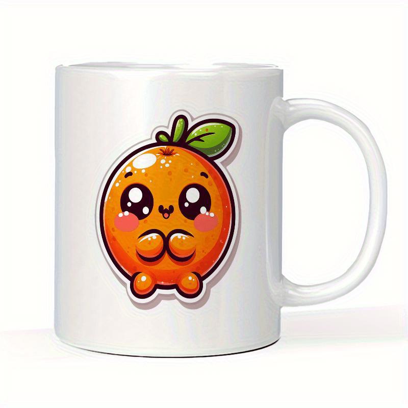 Tailorly White Ceramic 11 oz Mug - Adorable Kawaii Style Cartoon Fruit Character With A Small Green Leaf Orange