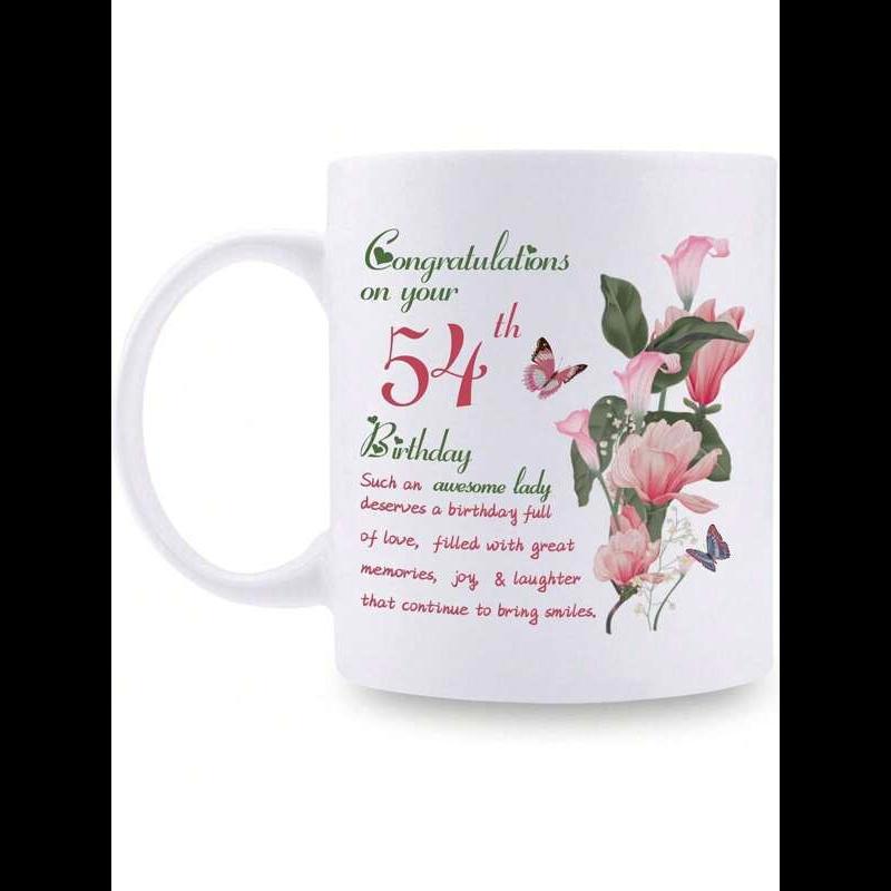 Tailorly White Ceramic 11 oz Mug - Congratulations On Your 54th Birthday Soft Pink Blooming Floral Arrangement With Graceful Butterflies In Flight Flower