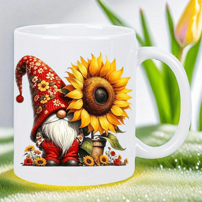 Tailorly White Ceramic 11 oz Mug - Vibrant Blooming Sunflower Next To A Tiny Bearded Garden Gnome