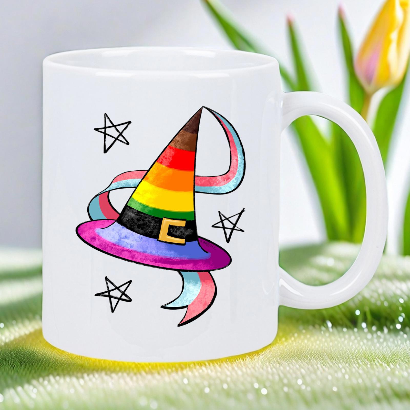 Tailorly White Ceramic 11 oz Mug - Vibrant Rainbow Patterned Witch Accessory With Whimsical Hand Drawn Stars Hat
