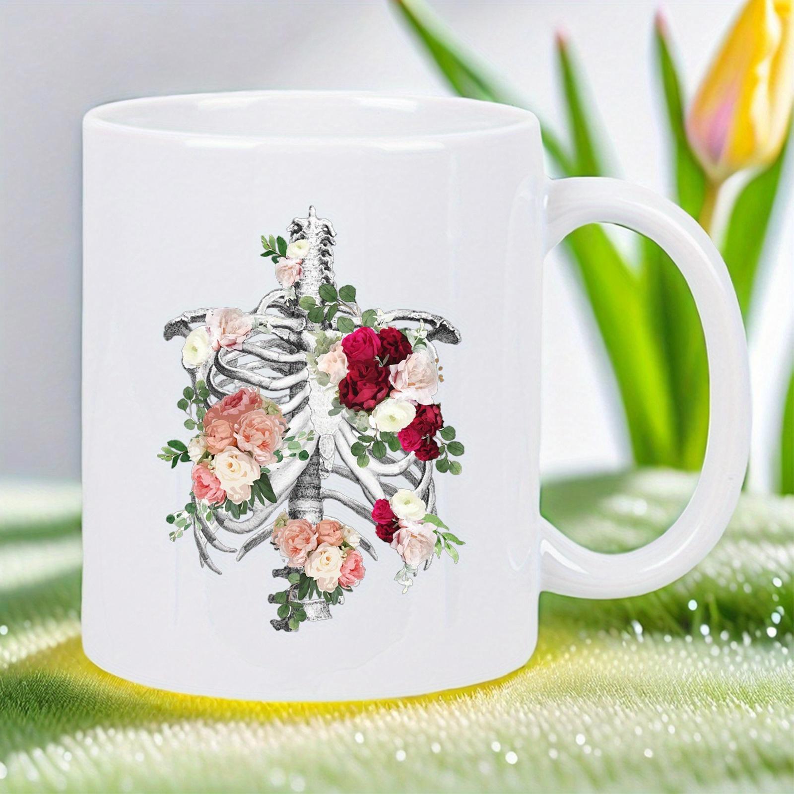 Tailorly White Ceramic 11 oz Mug - Artistic Human Rib Cage With Vibrant Roses And Green Leaves Skeleton