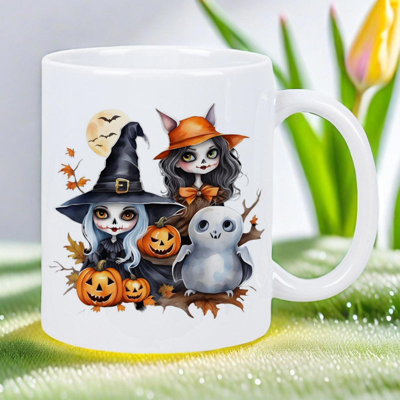 Tailorly White Ceramic 11 oz Mug - Spooky Halloween Night With Cute Witches And An Owl Among Carved Pumpkins Illustration