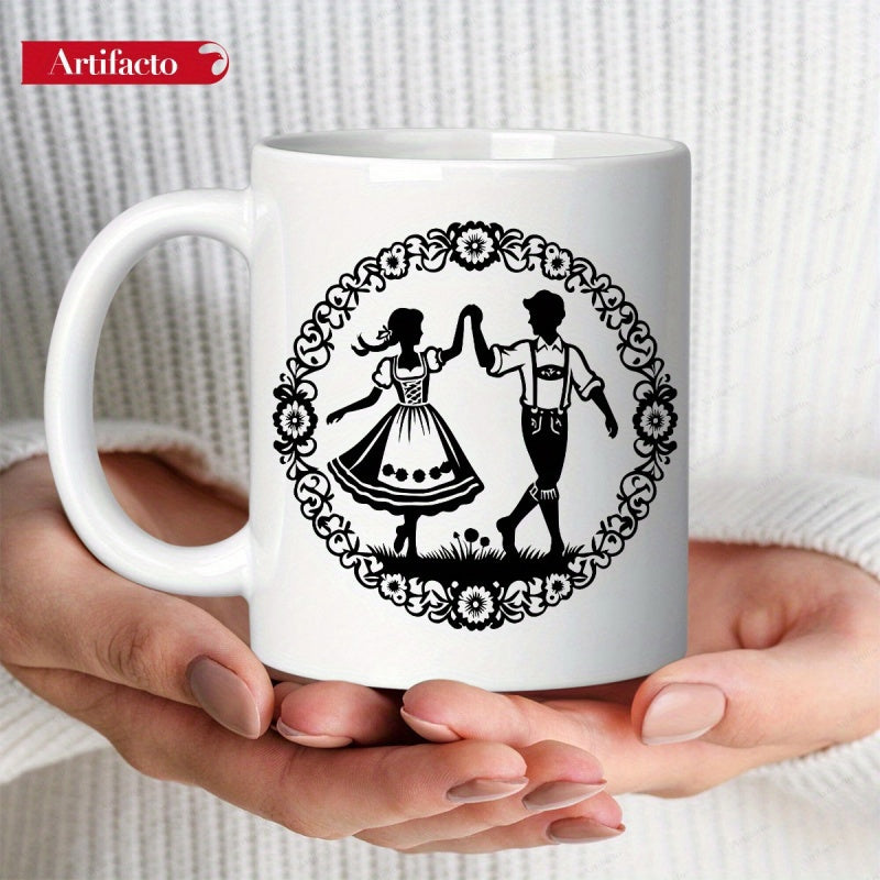 Tailorly White Ceramic 11 oz Mug - Traditional German Folk Dancers Celebrating Within An Ornate Floral Wreath Couple