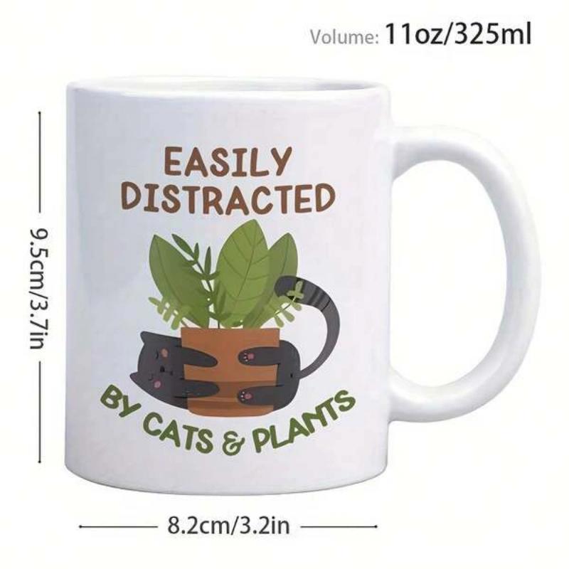 Tailorly White Ceramic 11 oz Mug - Easily Distracted By Cats And Plants Cute Black Kitten Embracing A Potted Green Houseplant Living Cat