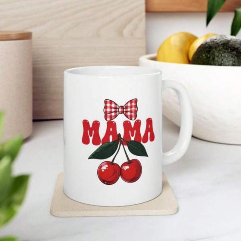 Tailorly White Ceramic 11 oz Mug - Mama Retro Style Pattern Featuring Red Gingham Bow Above Ripe Sweet Cherry