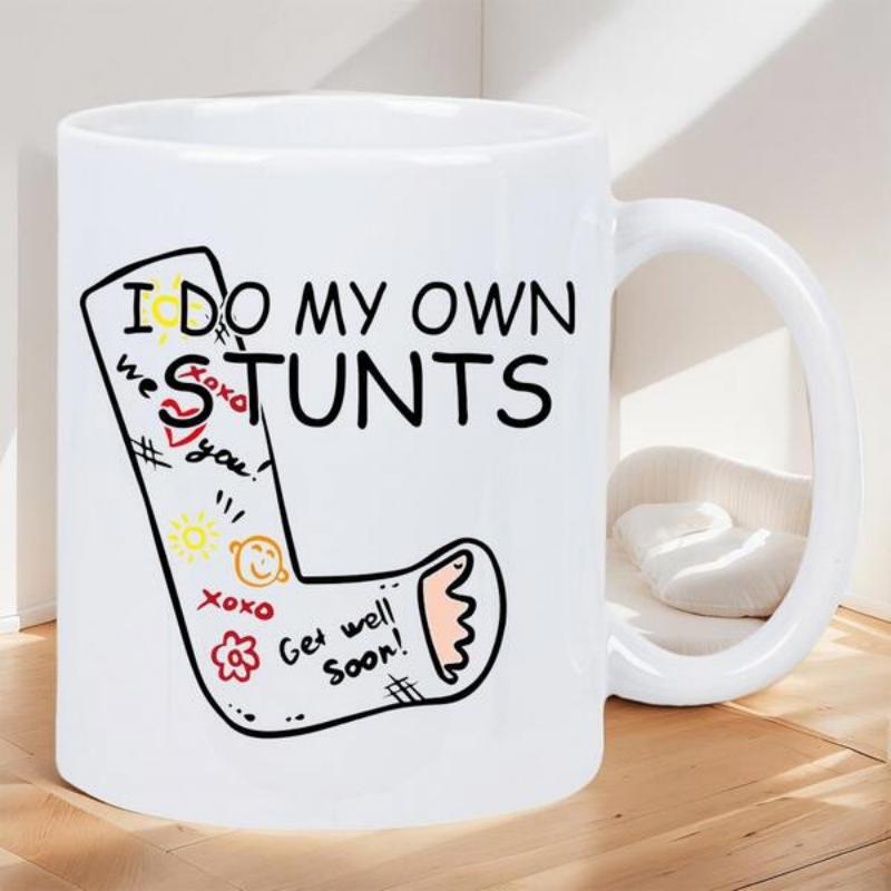 Tailorly White Ceramic 11 oz Mug - I Do My Own Stunts Minimalist Illustration Of A Broken Leg Cast With Colorful Playful Doodles Cast