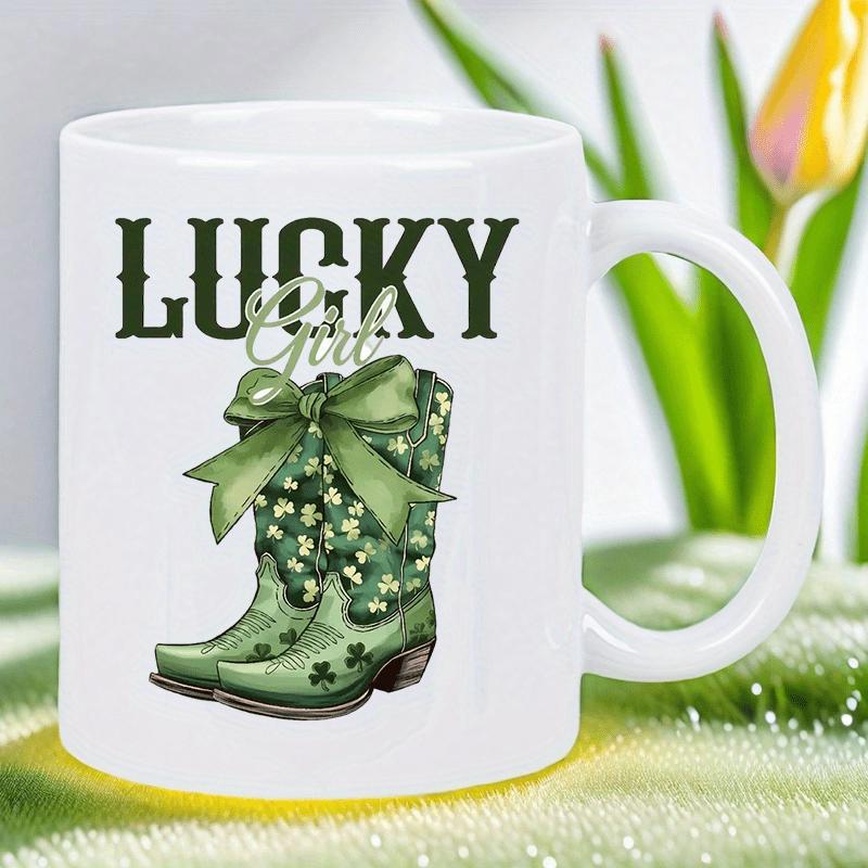 Tailorly White Ceramic 11 oz Mug - Lucky Girl Green Western Patterned With Shamrocks And Finished With Silk Ribbon Boots