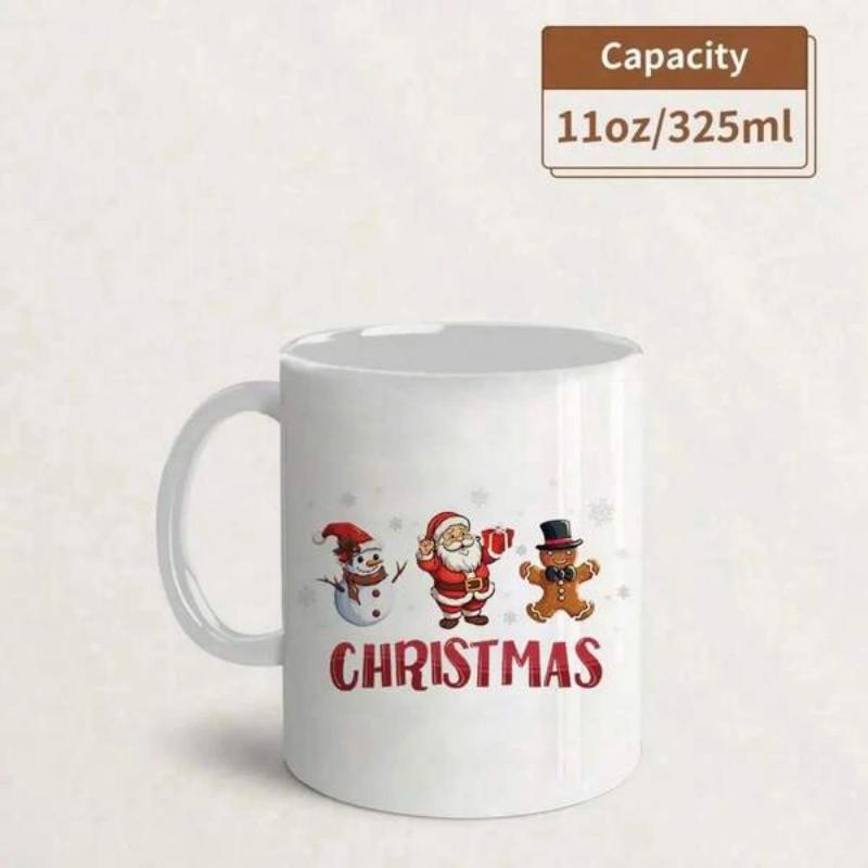 Tailorly White Ceramic 11 oz Mug - Christmas Festive Holiday Characters Celebrating Together With A Snowman And Gingerbread Man Santa