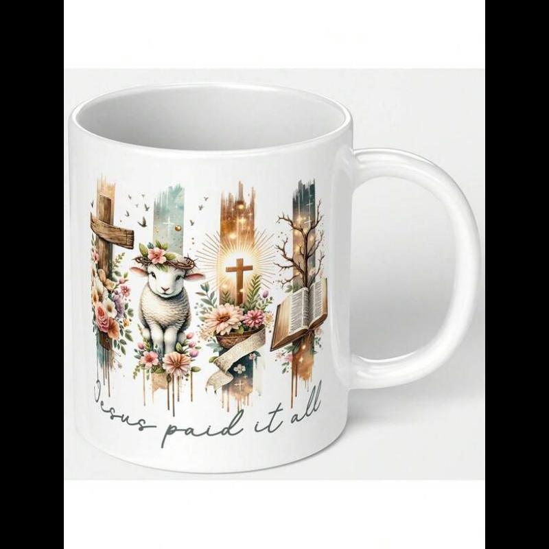 Tailorly White Ceramic 11 oz Mug - Jesus Paid It All Artistic Watercolor Cross With Blooming Floral Accents And Sacred Lamb