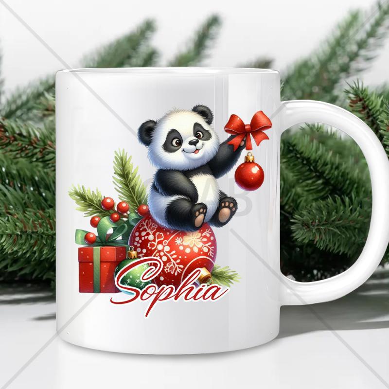 Tailorly White Ceramic 11 oz Mug - Sophia Adorable Cartoon Character Sitting On Festive Red Christmas Ornament Panda
