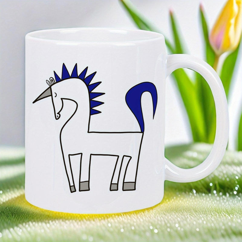 Tailorly White Ceramic 11 oz Mug - Minimalist Hand Drawn Line Art Featuring A Blue Mane Mythical Creatures Unicorn