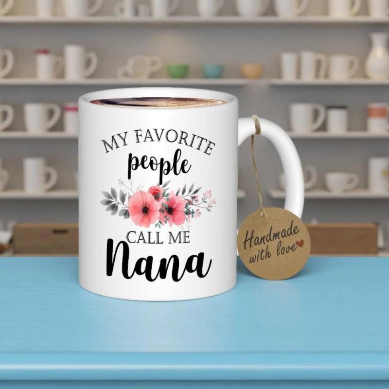 Tailorly White Ceramic 11 oz Mug - My Favorite People Call Me Nana Delicate Pink Blossoms With Gray Leaves Set In Horizontal Floral Arrangement Flower