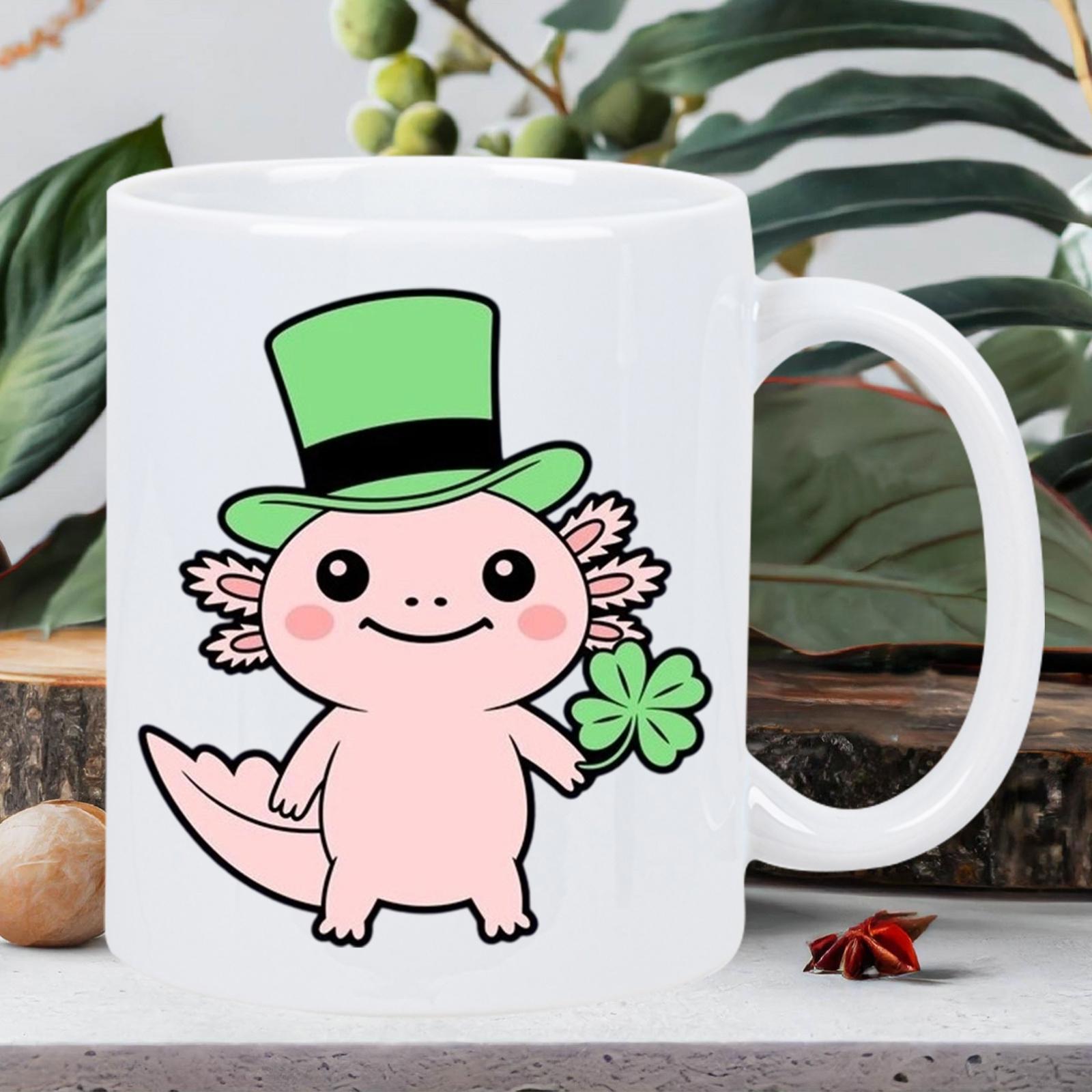 Tailorly White Ceramic 11 oz Mug - Adorable Pink Cartoon Character Wearing Green Top Hat Holding Clover Axolotl