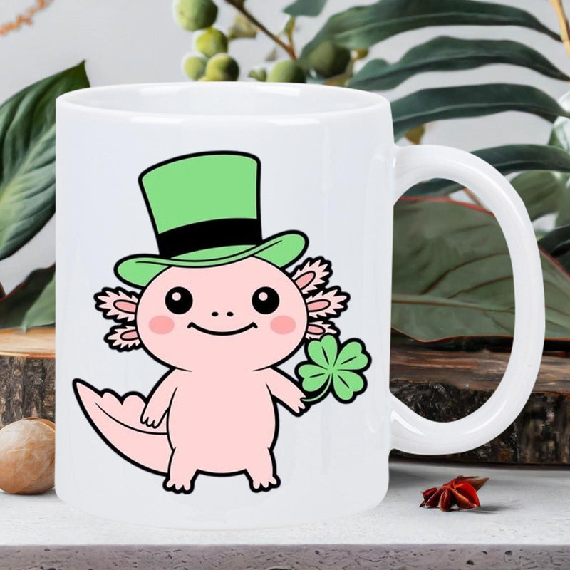 Tailorly White Ceramic 11 oz Mug - Adorable Pink Cartoon Character Wearing Green Top Hat Holding Clover Axolotl