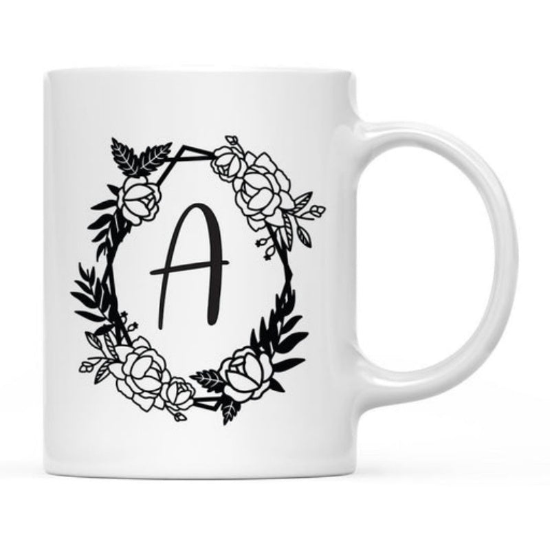 Tailorly White Ceramic 11 oz Mug - A Elegant Floral Wreath With Geometric Frame And Delicate Blooming Petals Monogram